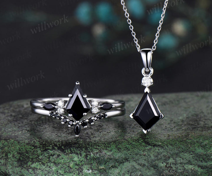 Kite cut black onyx ring necklace set vintage 14k white gold unique wedding promise ring set silver pendant for women