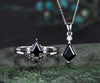 Kite cut black onyx ring necklace set vintage 14k white gold unique wedding promise ring set silver pendant for women