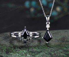 Kite cut black onyx ring necklace set vintage 14k white gold unique wedding promise ring set silver pendant for women