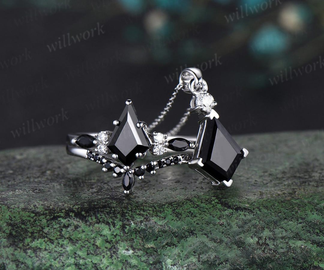 Kite cut black onyx ring necklace set vintage 14k white gold unique wedding promise ring set silver pendant for women