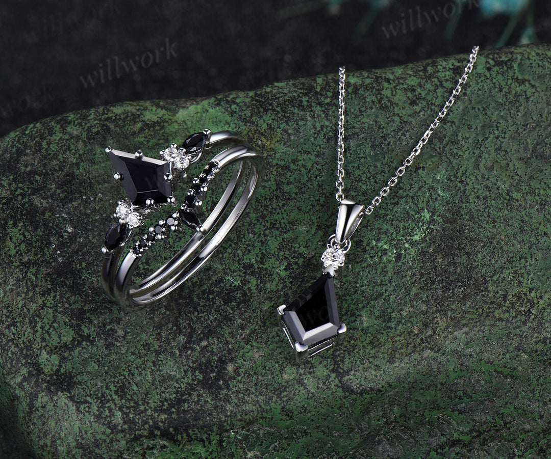 Kite cut black onyx ring necklace set vintage 14k white gold unique wedding promise ring set silver pendant for women