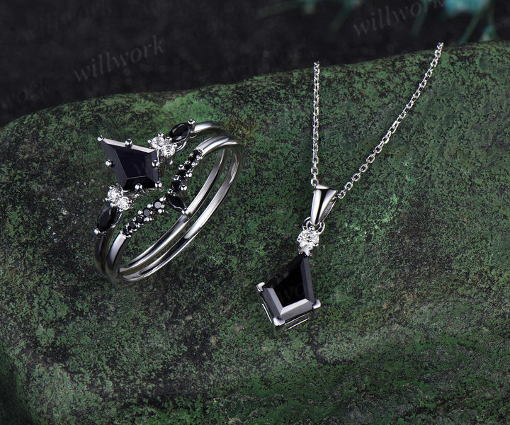 Kite cut black onyx ring necklace set vintage 14k white gold unique wedding promise ring set silver pendant for women