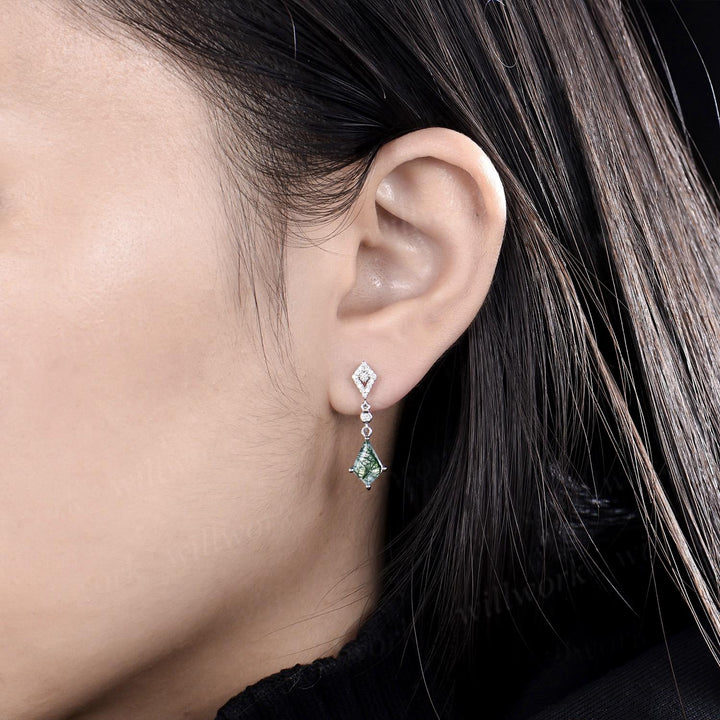 Kite cut natural moss agate earrings necklace set solid 14k white gold halo moissanite unique pendant for Women anniversary gift