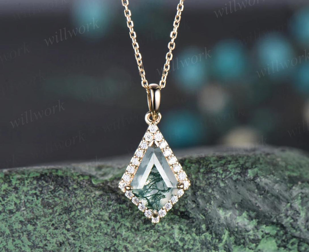 Kite cut natural moss agate earrings necklace set solid 14k white gold halo moissanite unique pendant for Women anniversary gift