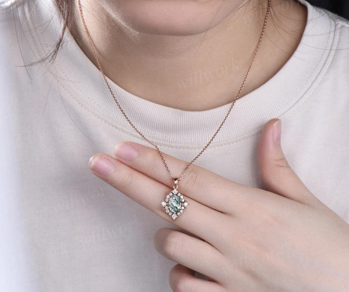 Vintage oval cut natural moss agate earrings necklace set 18k white gold princess moissanite unique pendant for women anniversary gift
