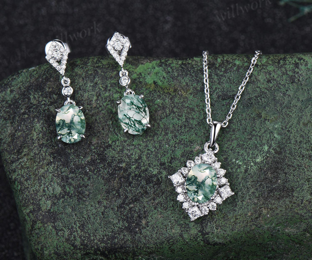 Vintage oval cut natural moss agate earrings necklace set 18k white gold princess moissanite unique pendant for women anniversary gift