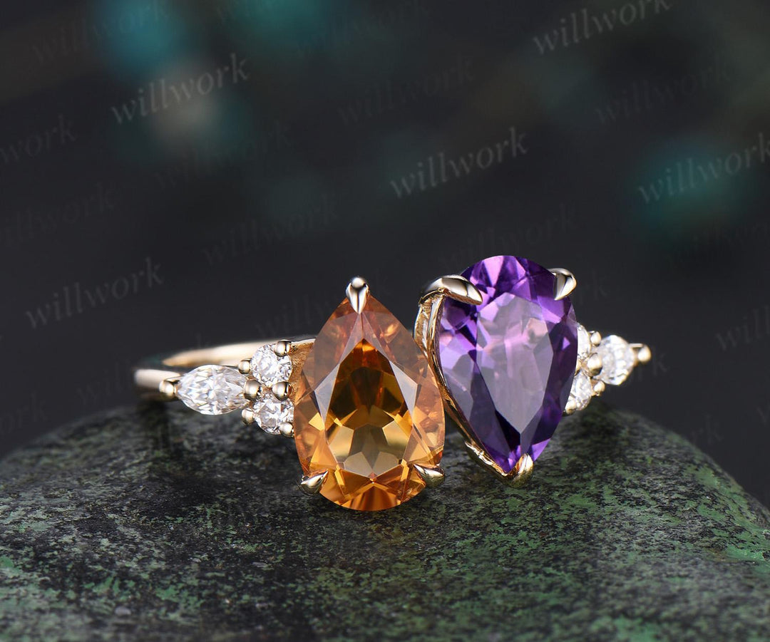 Teardrop pear citrine amethyst engagement ring solid 14k yellow gold unique diamond wedding promise ring women jewelry crystal ring