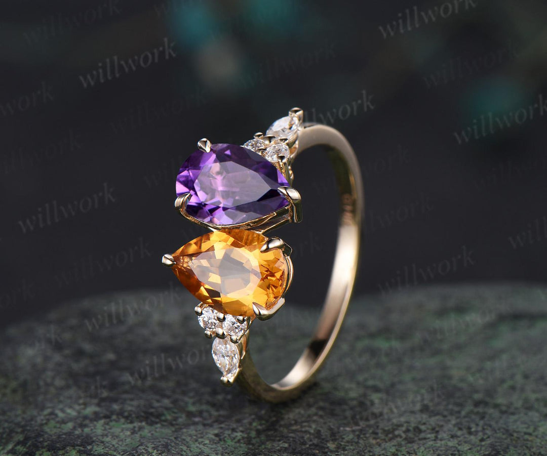 Teardrop pear citrine amethyst engagement ring solid 14k yellow gold unique diamond wedding promise ring women jewelry crystal ring