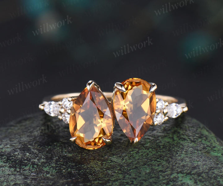 Teardrop pear cut yellow citrine engagement ring solid 14k yellow gold retro unique diamond crystal ring women anniversary gift