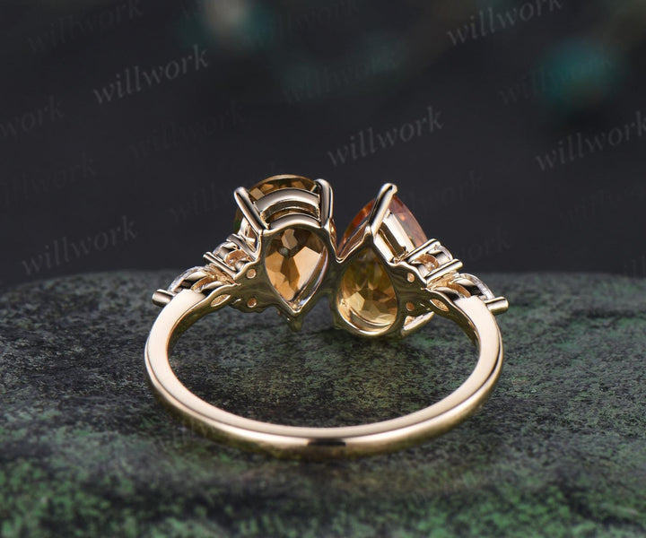 Teardrop pear cut yellow citrine engagement ring solid 14k yellow gold retro unique diamond crystal ring women anniversary gift