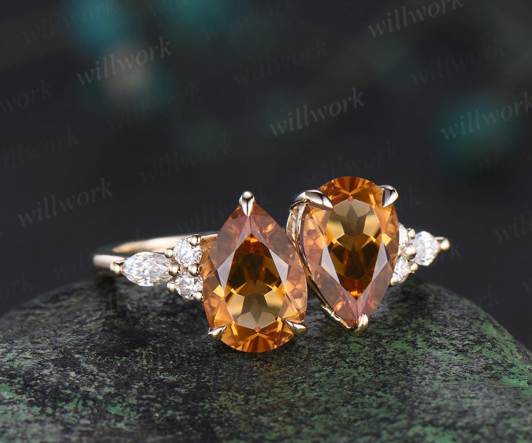 Teardrop pear cut yellow citrine engagement ring solid 14k yellow gold retro unique diamond crystal ring women anniversary gift