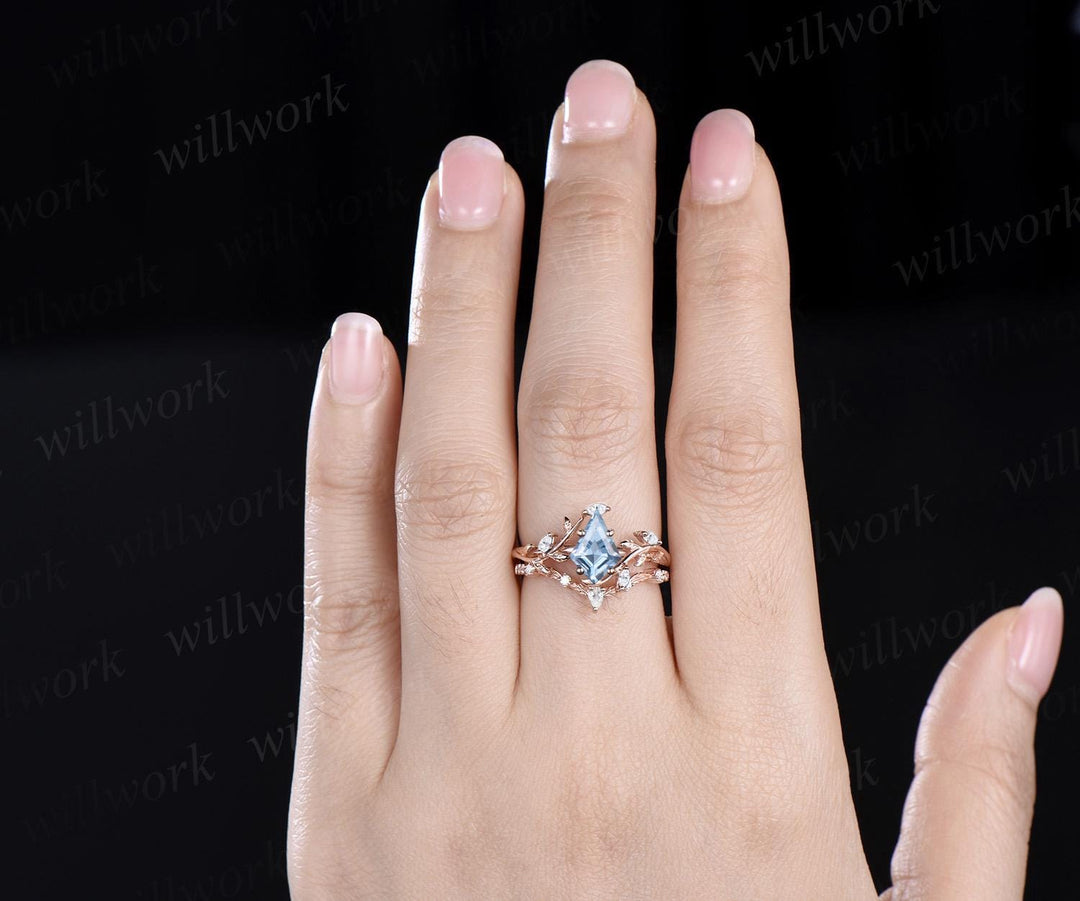 Vintage kite cut aquamarine engagement ring 14k rose gold leaf nature inspired ring women unique cluster diamond bridal promise ring set