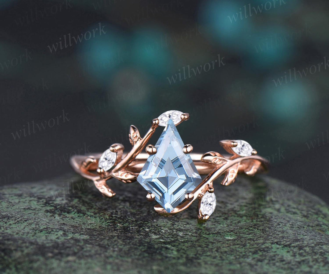 Vintage kite cut aquamarine engagement ring 14k rose gold leaf nature inspired ring women unique cluster diamond bridal promise ring set