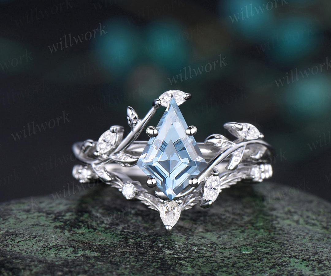 Vintage kite cut aquamarine engagement ring 14k rose gold leaf nature inspired ring women unique cluster diamond bridal promise ring set