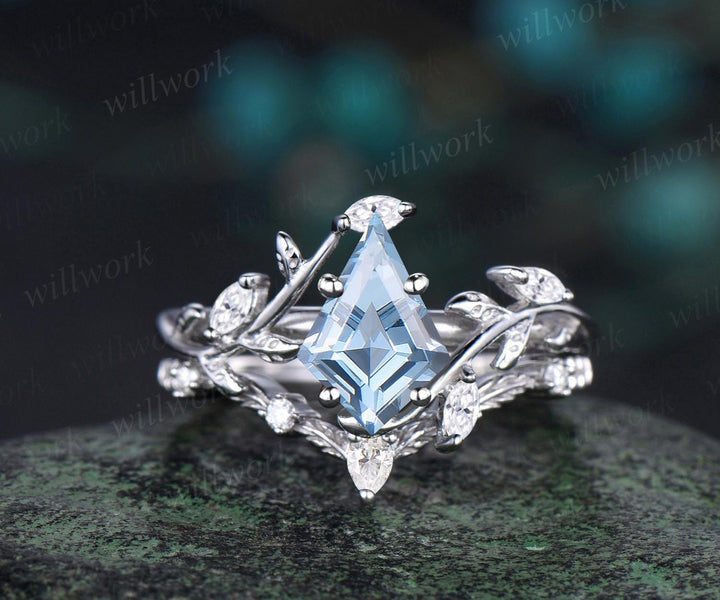Vintage kite cut aquamarine engagement ring 14k rose gold leaf nature inspired ring women unique cluster diamond bridal promise ring set