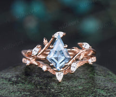 Vintage kite cut aquamarine engagement ring 14k rose gold leaf nature inspired ring women unique cluster diamond bridal promise ring set