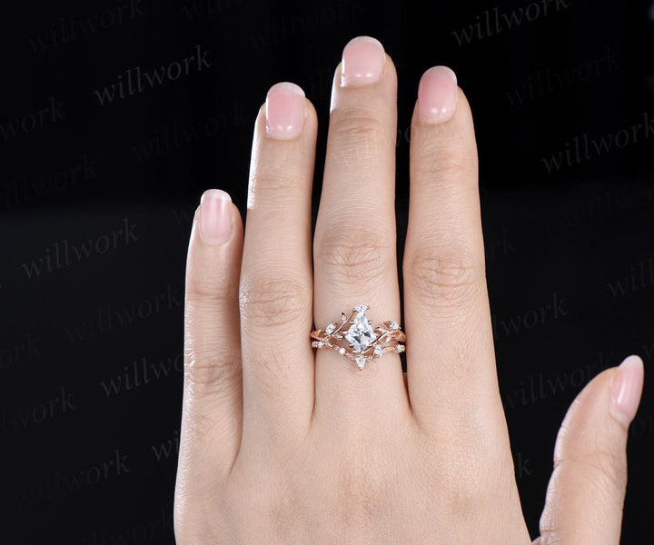 Vintage kite cut IGI lab-grown diamond engagement ring 14k rose gold leaf nature inspired ring women unique cluster diamond promise wedding ring set