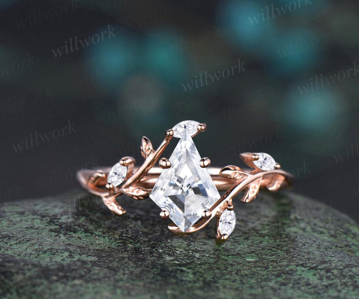 Vintage kite cut IGI lab-grown diamond engagement ring 14k rose gold leaf nature inspired ring women unique cluster diamond promise wedding ring set