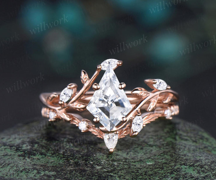 Vintage kite cut IGI lab-grown diamond engagement ring 14k rose gold leaf nature inspired ring women unique cluster diamond promise wedding ring set