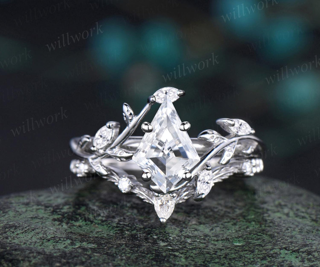 Vintage kite cut IGI lab-grown diamond engagement ring 14k rose gold leaf nature inspired ring women unique cluster diamond promise wedding ring set