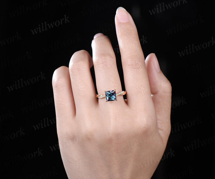 Princess cut alexandrite engagement ring 14k yellow gold 3/4 eternity twisted diamond ring vintage infinity promise ring women jewelry