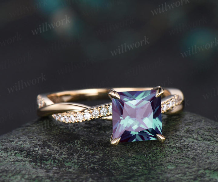 Princess cut alexandrite engagement ring 14k yellow gold 3/4 eternity twisted diamond ring vintage infinity promise ring women jewelry