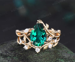 Pear cut green emerald ring vintage infinity split shank engagement ring set art deco leaf diamond ring women retro unique bridal set gift
