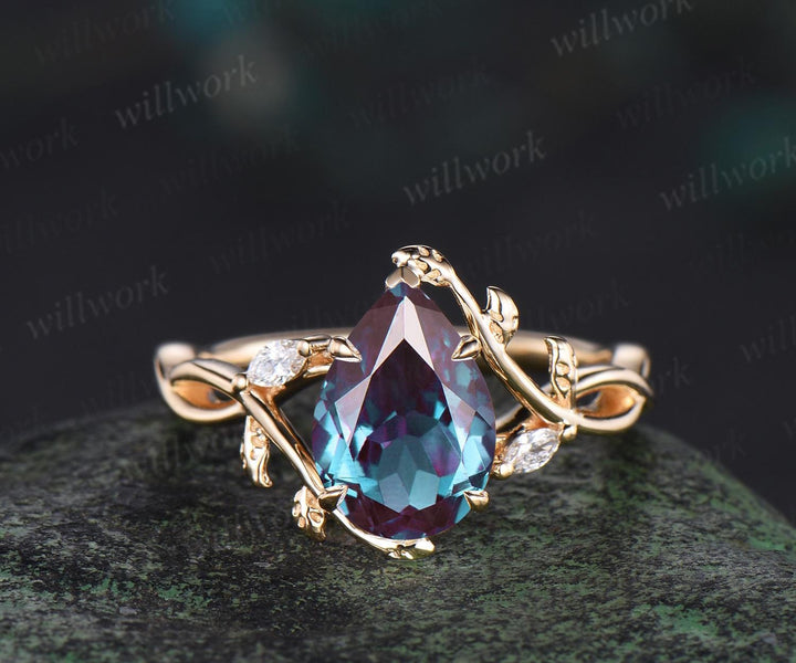 Pear cut alexandrite ring vintage infinity split shank engagement ring set art deco leaf diamond ring women antique unique wedding set gift