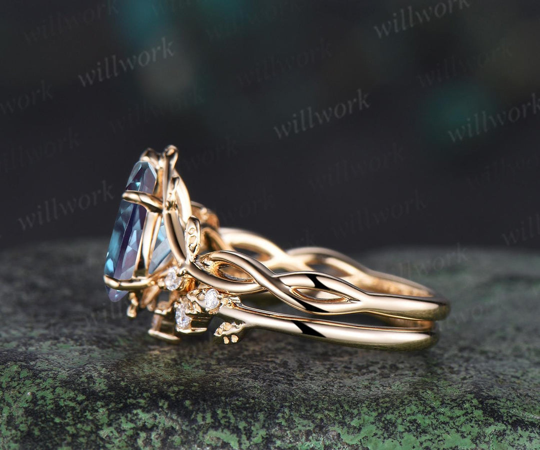 Pear cut alexandrite ring vintage infinity split shank engagement ring set art deco leaf diamond ring women antique unique wedding set gift