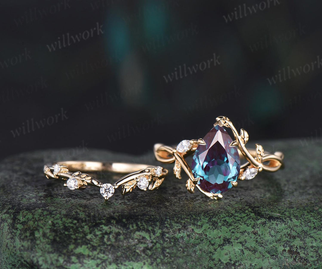 Pear cut alexandrite ring vintage infinity split shank engagement ring set art deco leaf diamond ring women antique unique wedding set gift