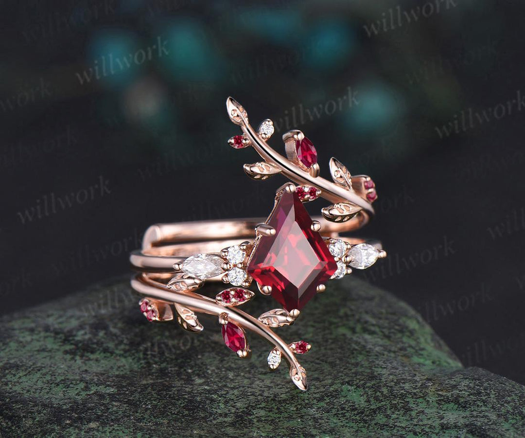 Kite cut red ruby engagement ring set 14k rose gold leaf diamond wedding band enhancer unique wedding ring set women July birthstone ring