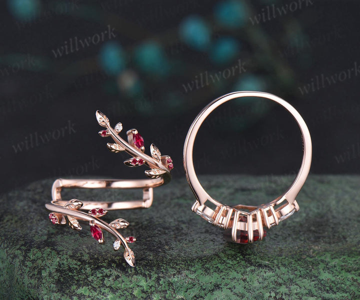Kite cut red ruby engagement ring set 14k rose gold leaf diamond wedding band enhancer unique wedding ring set women July birthstone ring