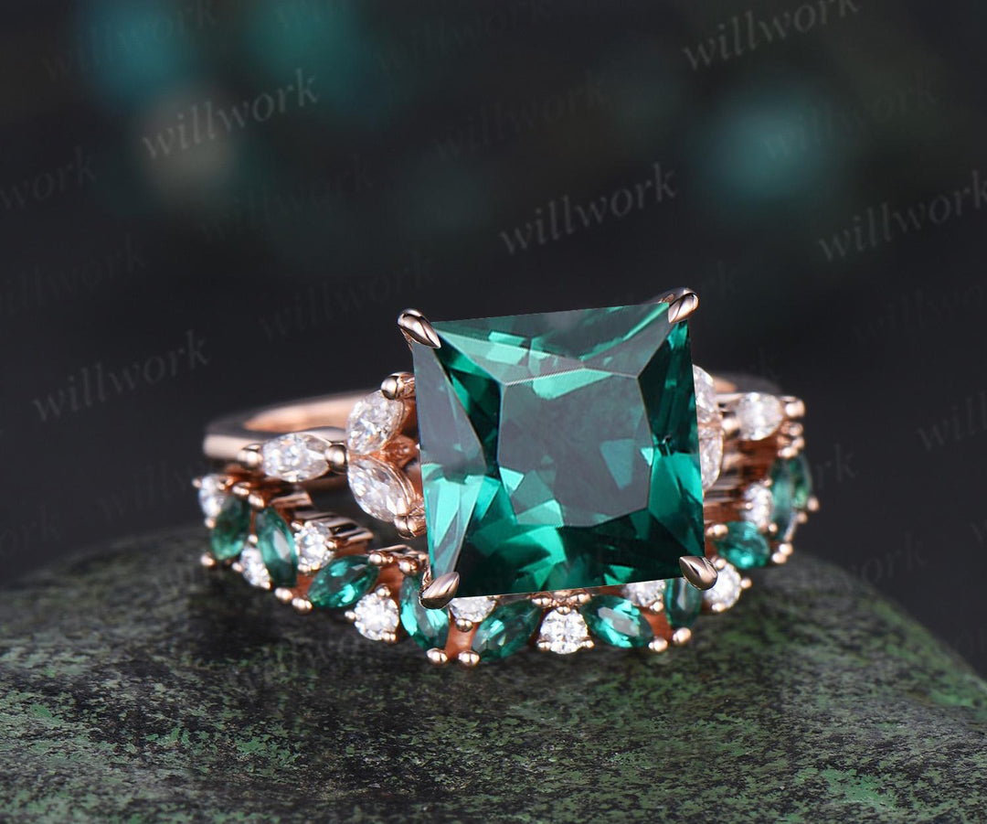 4ct princess cut green emerald engagement ring set solid 14k rose gold stacking marquise emerald wedding ring set women jewelry
