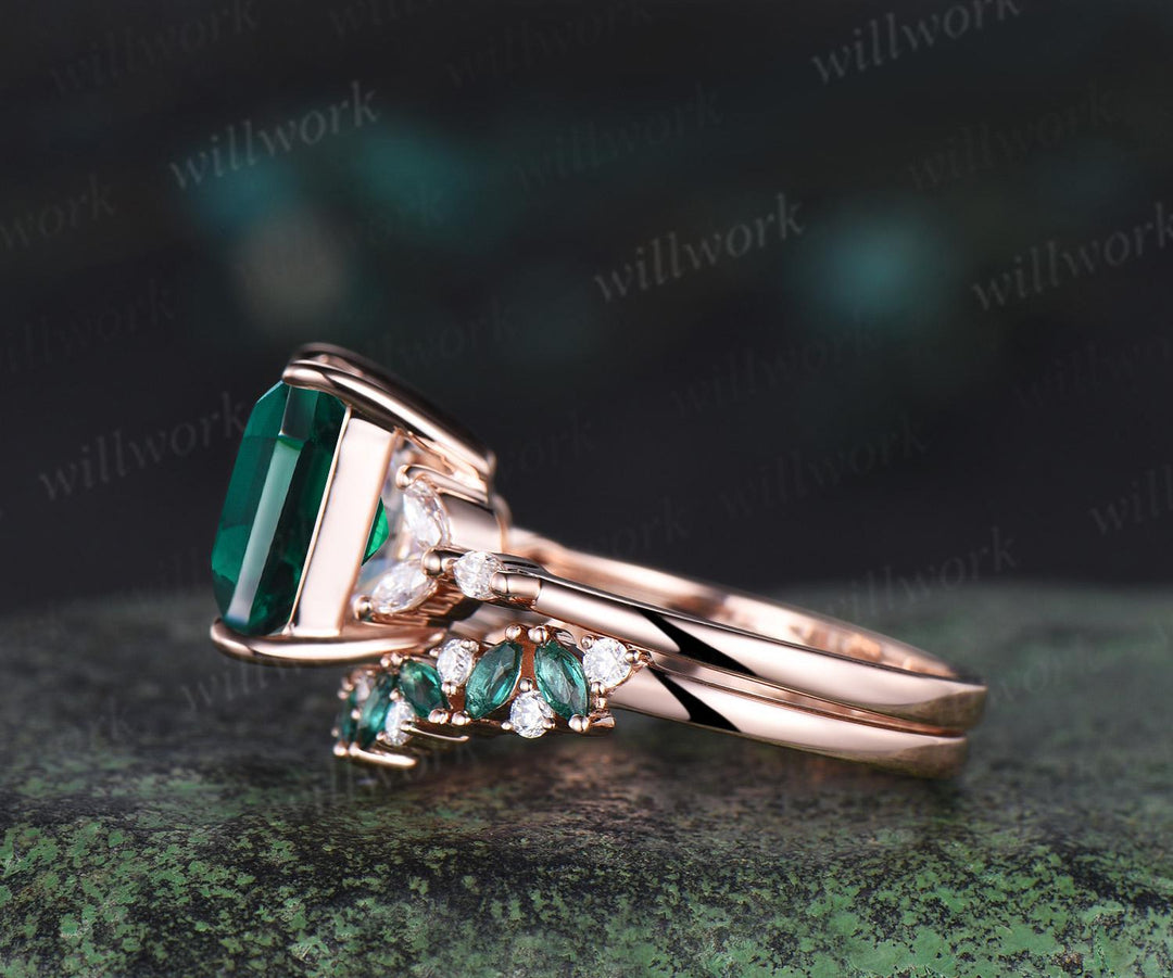 4ct princess cut green emerald engagement ring set solid 14k rose gold stacking marquise emerald wedding ring set women jewelry