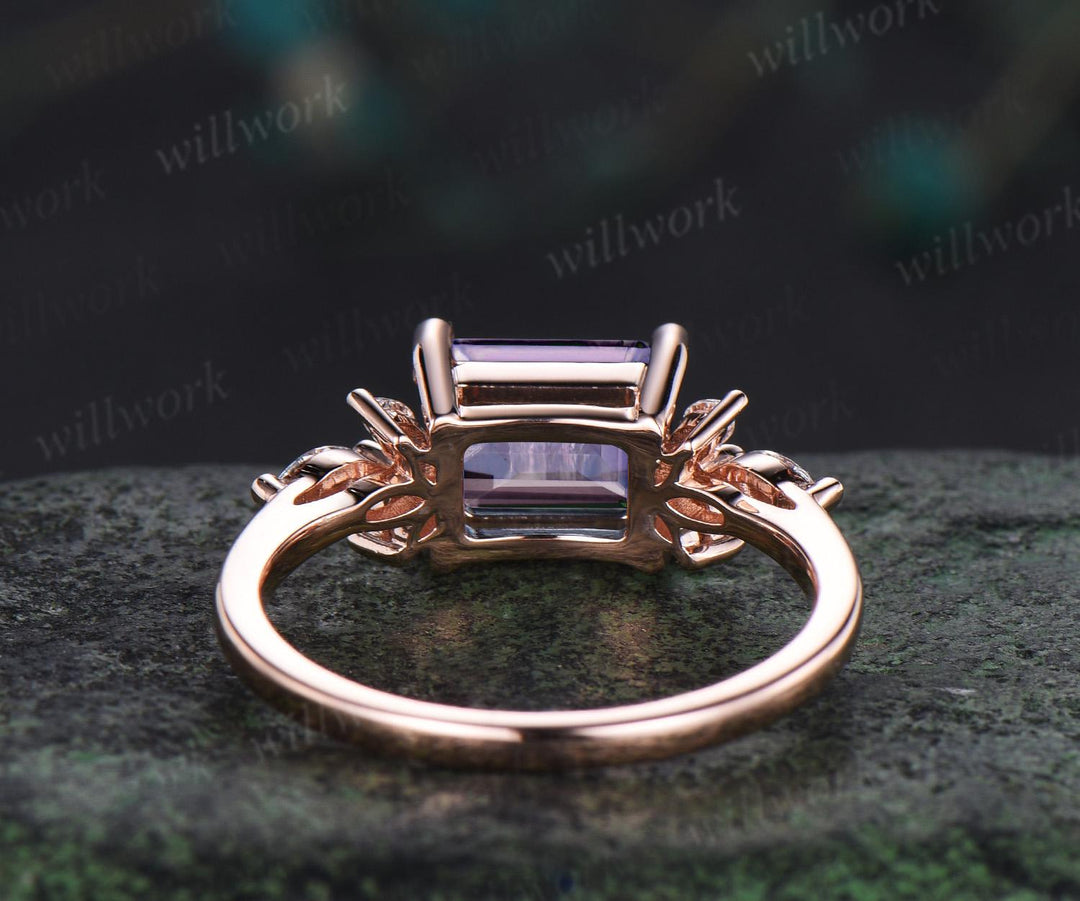 East to west emerald cut Lavender Amethyst engagement ring vintage cluster marquise diamond crystal wedding ring rose gold gift for women