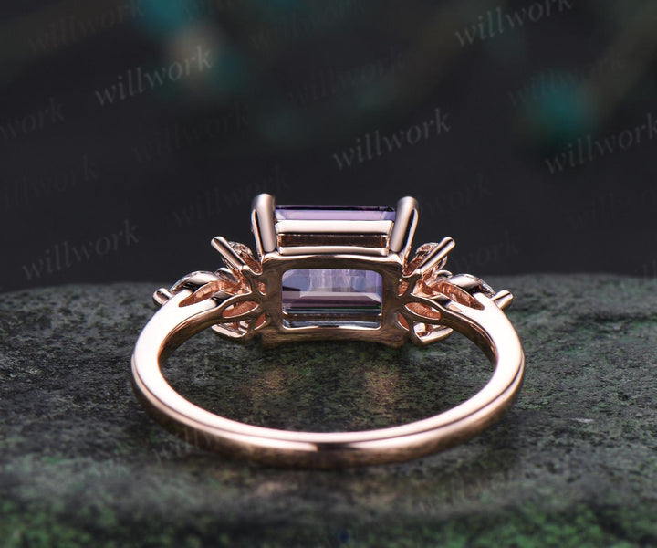 East to west emerald cut Lavender Amethyst engagement ring vintage cluster marquise diamond crystal wedding ring rose gold gift for women