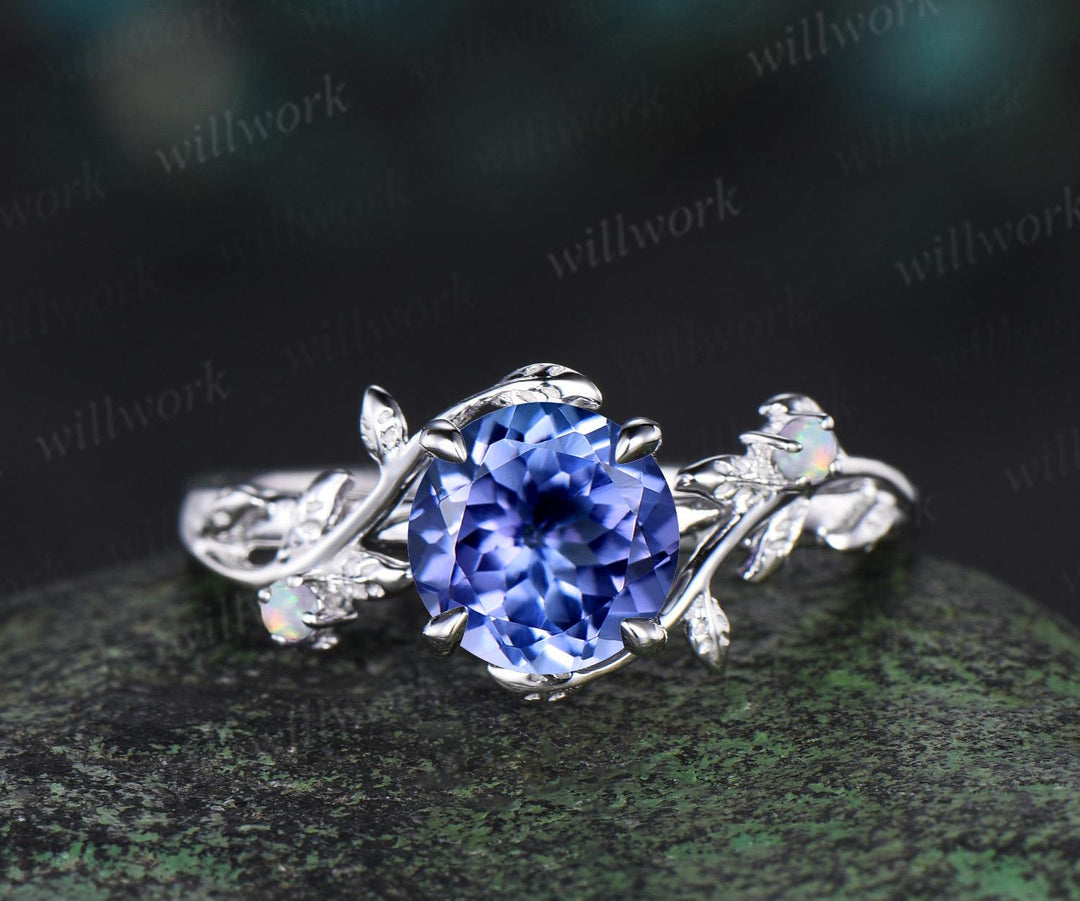 1ct round cut Tanzanite engagement ring vintage branch opal ring 14k white gold stacking leaf wedding ring band women promise ring her