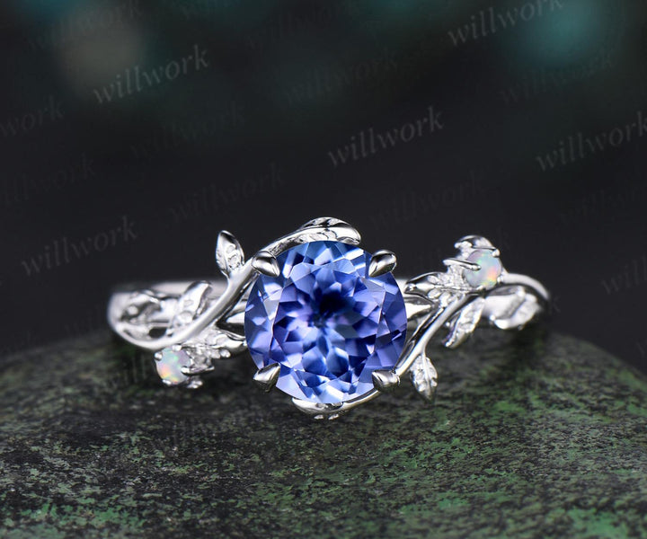 1ct round cut Tanzanite engagement ring vintage branch opal ring 14k white gold stacking leaf wedding ring band women promise ring her