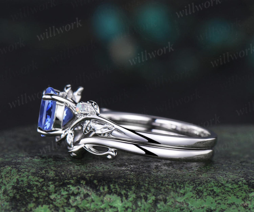 1ct round cut Tanzanite engagement ring vintage branch opal ring 14k white gold stacking leaf wedding ring band women promise ring her