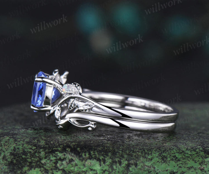 1ct round cut Tanzanite engagement ring vintage branch opal ring 14k white gold stacking leaf wedding ring band women promise ring her