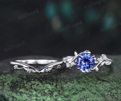 1ct round cut Tanzanite engagement ring vintage branch opal ring 14k white gold stacking leaf wedding ring band women promise ring her