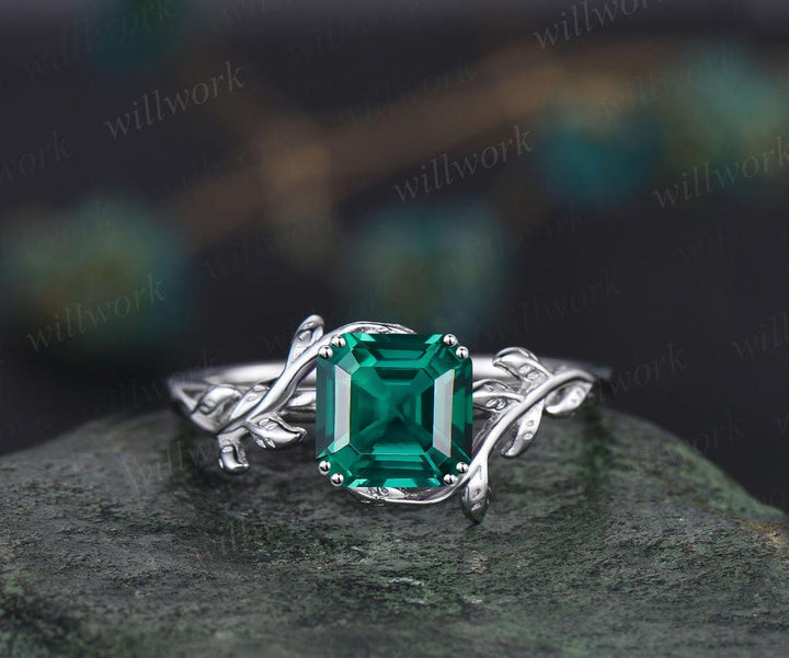 Twig Asscher cut green emerald engagement ring 14k white gold leaf branch Nature inspired solitaire wedding anniversary ring women gift