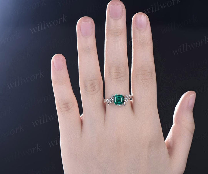 Twig Asscher cut green emerald engagement ring 14k white gold leaf branch Nature inspired solitaire wedding anniversary ring women gift