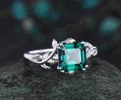 Twig Asscher cut green emerald engagement ring 14k white gold leaf branch Nature inspired solitaire wedding anniversary ring women gift
