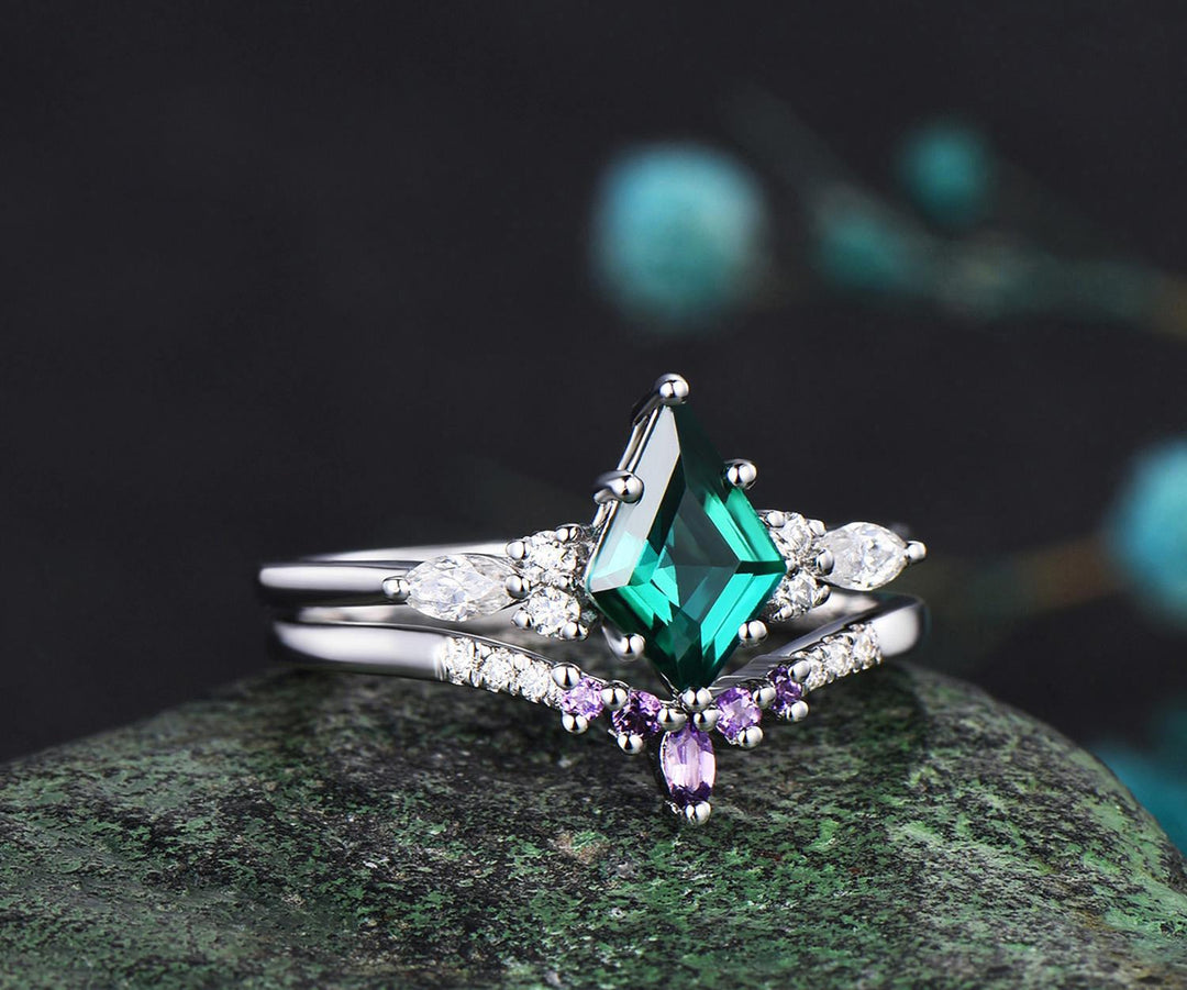 Kite cut emerald engagement ring set solid 14k white gold moissanite amethyst wedding ring set women