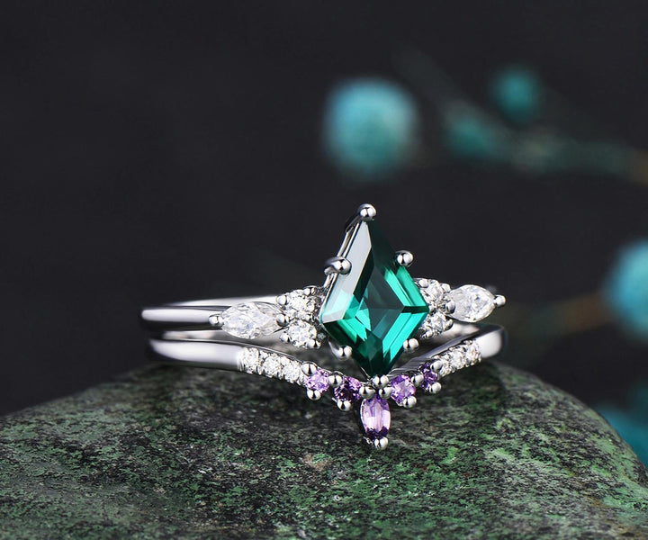 Kite cut emerald engagement ring set solid 14k white gold moissanite amethyst wedding ring set women