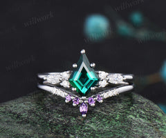 Kite cut emerald engagement ring set solid 14k white gold moissanite amethyst wedding ring set women