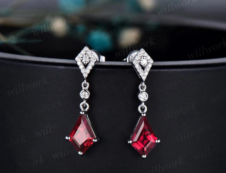 Kite cut red ruby earrings necklace set solid 14k white gold bezel halo moissanite unique pendant for Women anniversary gift