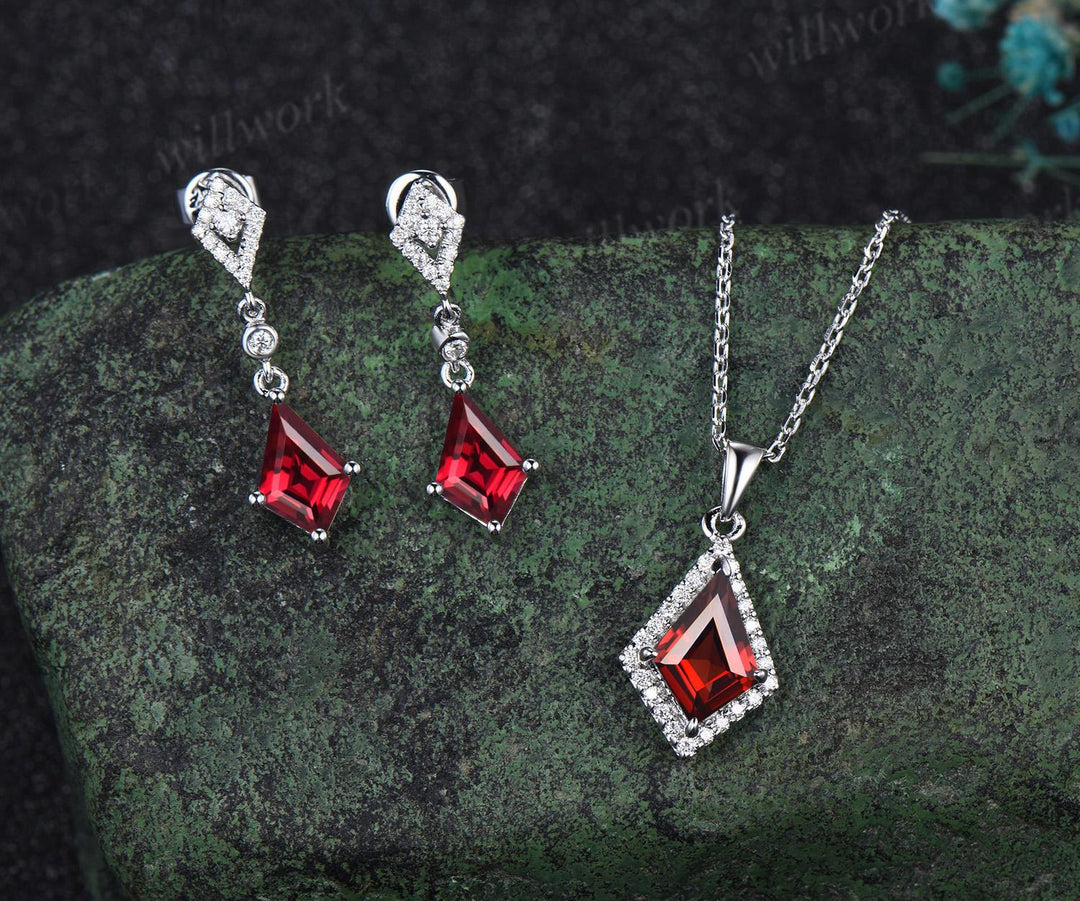 Kite cut red ruby earrings necklace set solid 14k white gold bezel halo moissanite unique pendant for Women anniversary gift