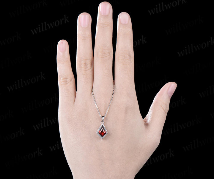 Kite cut red ruby earrings necklace set solid 14k white gold bezel halo moissanite unique pendant for Women anniversary gift